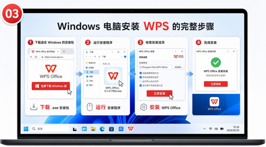 Windows 电脑运行 WPS 安装程序并检查安装选项