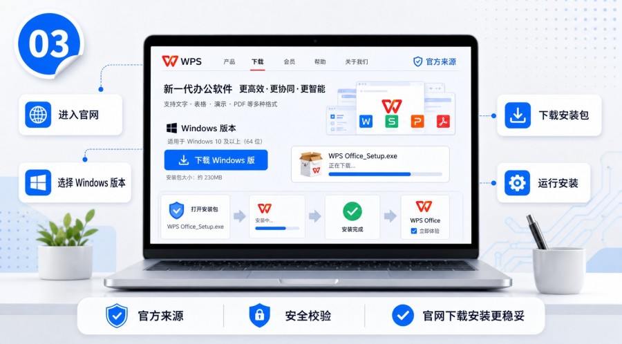 Windows 电脑下载并安装 WPS Office 的步骤