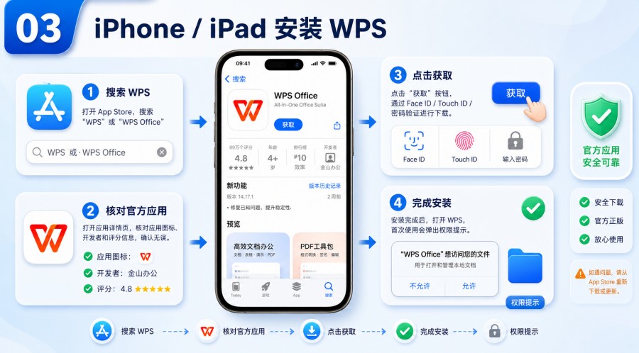 iPhone 安装 WPS 后检查权限和隐私提示